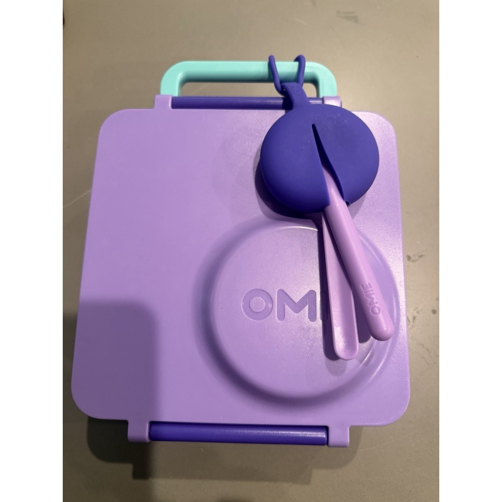 OmieBox Bento Lunch Box Set Purple Thermos Utensils Snack Containers EUC